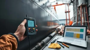 Alat Ultrasonic Thickness Measurement (UTM) mengukur ketebalan lambung kapal di dok kering, untuk inspeksi dan perawatan.