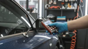Alat ukur ketebalan lapisan cat mobil pada panel pintu di studio detailing.
