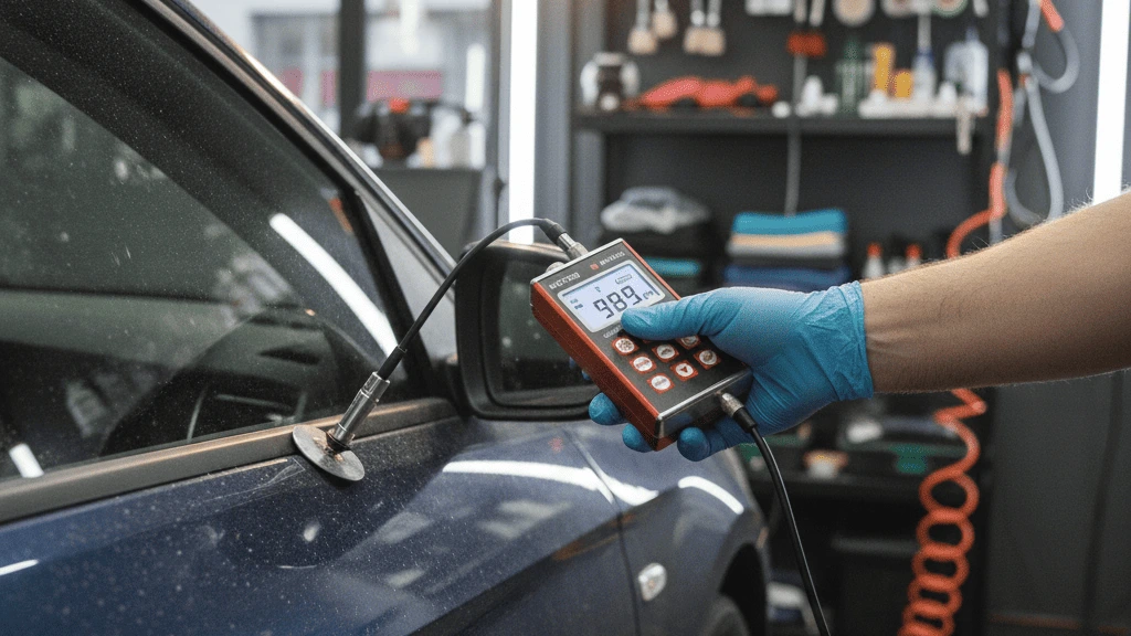 Alat ukur ketebalan lapisan cat mobil pada panel pintu di studio detailing.