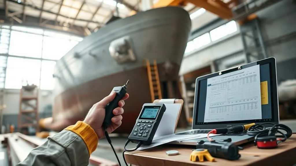 Ultrasonic Thickness Gauge modern mengukur ketebalan lambung kapal, memastikan kualitas struktural kapal.