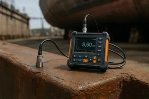 Peralatan UTM profesional di lambung kapal untuk pemeliharaan dan survei kapal.