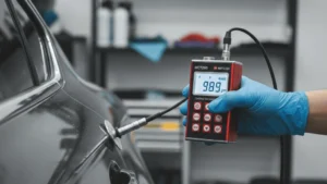 Pengukuran ketebalan cat otomotif pada panel mobil gelap dengan alat pengukur profesional.