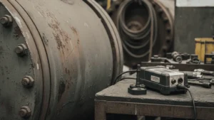 Pipa industri minyak & gas dengan alat uji kekerasan material, kunci keselamatan operasional.