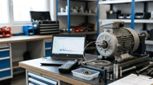 Analisis getaran motor menggunakan alat data collector pada motor listrik operasional di pabrik.