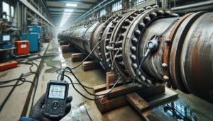 Analisa Getaran OCTG: Sensor pada pipa industri dengan perangkat diagnostik untuk deteksi kerusakan.