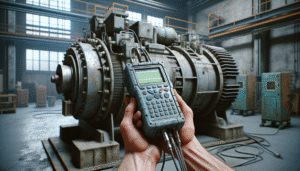 Analisis getaran motor menggunakan alat data collector pada motor listrik operasional di pabrik.