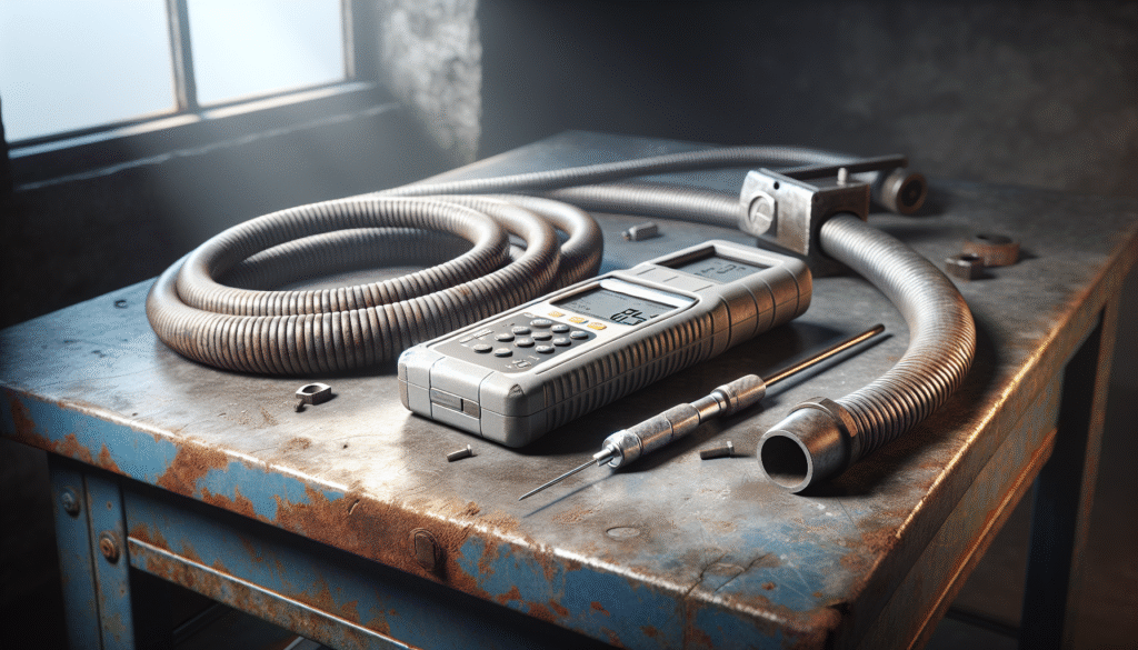 Hardness tester on an industrial workbench next to weathered electrical conduit and power cable, essential for electrical infrastructure.