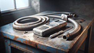 Hardness tester on an industrial workbench next to weathered electrical conduit and power cable, essential for electrical infrastructure.
