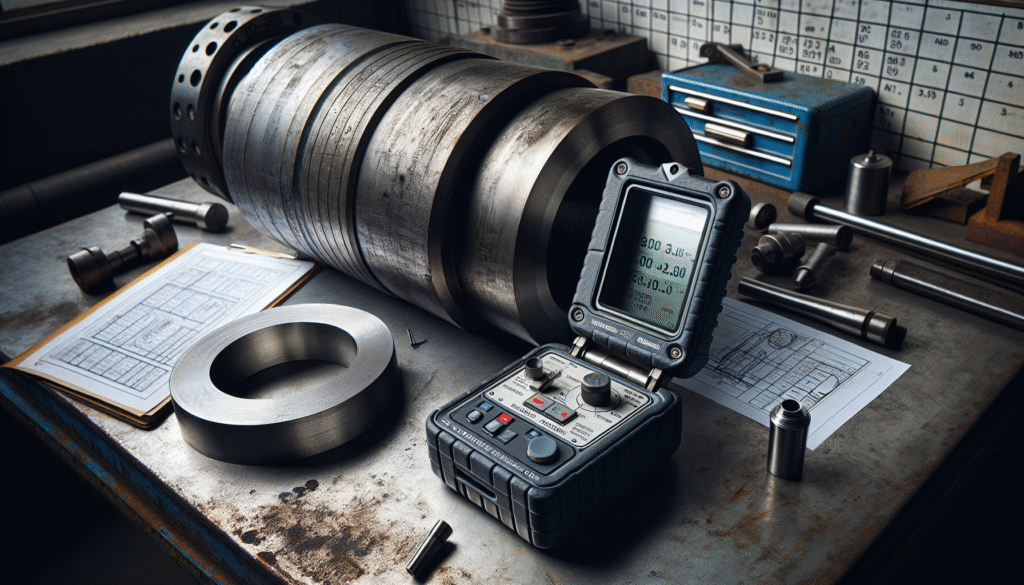 Portable hardness tester inspecting an energy pipeline component on an industrial workbench.