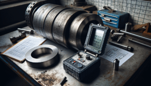 Portable hardness tester inspecting an energy pipeline component on an industrial workbench.