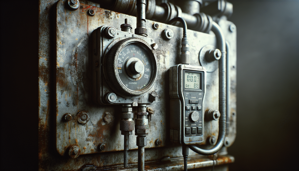 Instalasi vibration meter pada mesin industri untuk kalibrasi dengan perangkat genggam.