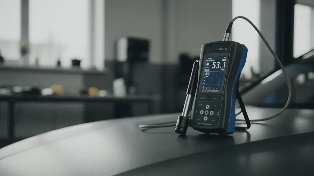Close-up of a dark metallic car panel being measured by a surface texture gauge, illustrating kekasaran permukaan for mobil aerodinamika.