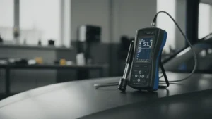 Close-up of a dark metallic car panel being measured by a surface texture gauge, illustrating kekasaran permukaan for mobil aerodinamika.