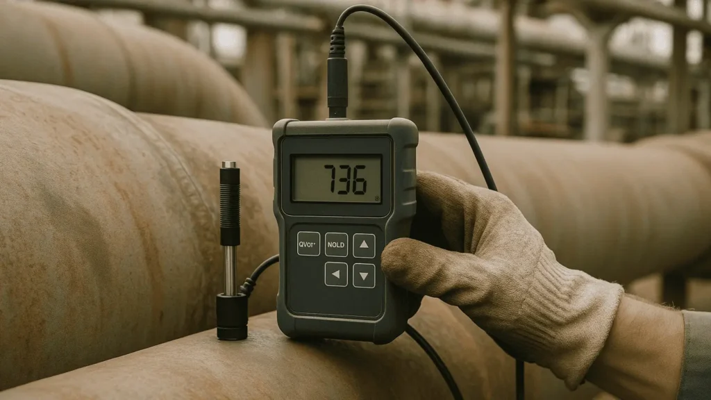 Pipa migas industri usang dengan alat uji kekerasan material, menyoroti ketahanan.