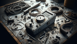 Industrial hardness tester on a workbench with electrical wires, for the electrical industry.