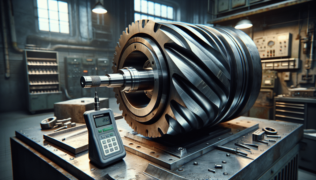 Portable hardness testing tool on a generator rotor shaft in a workshop.