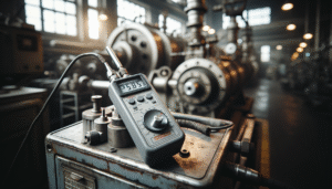 Vibration meter on an industrial machine for predictive maintenance, preventing downtime.
