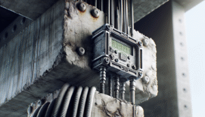 Rugged SHM sensor module attached to a weathered concrete bridge beam, evaluating stability.