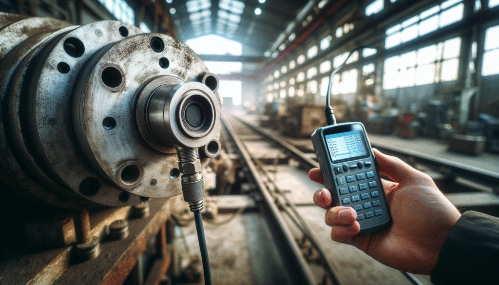 Sensor pemantauan getaran industri terpasang pada mesin, kabel menuju pengumpul data genggam untuk perawatan prediktif.