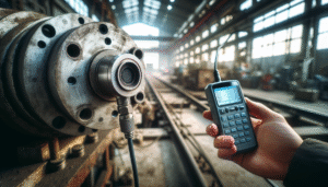 Sensor pemantauan getaran industri terpasang pada mesin, kabel menuju pengumpul data genggam untuk perawatan prediktif.