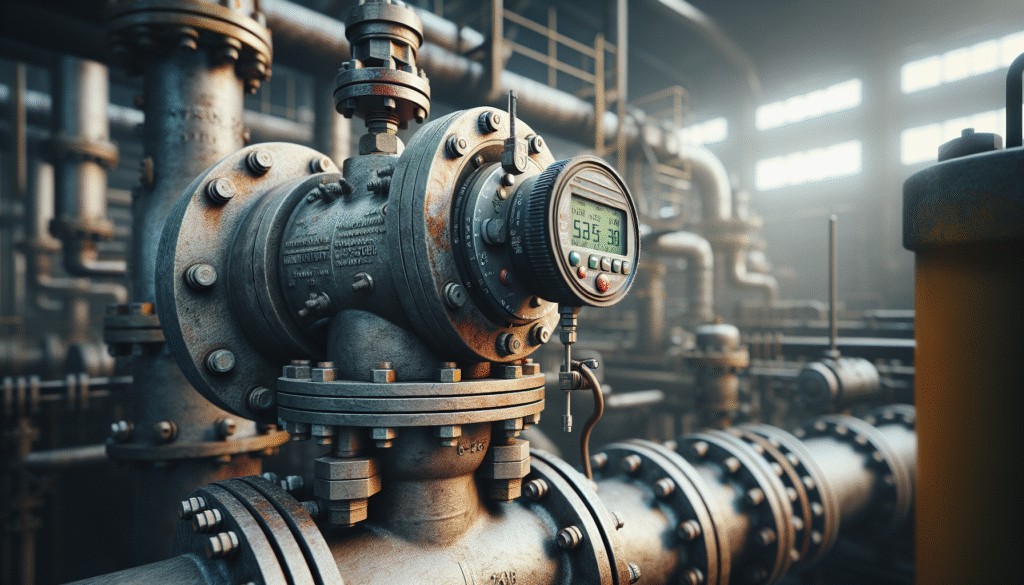 Vibration analysis sensor on an industrial PSV in a factory, crucial for deteksi dini kerusakan & bocor.