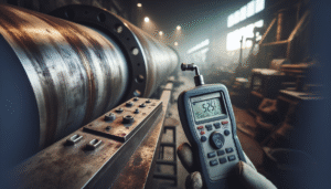 Vibration meter measuring a welded pipe with PWHT signs for early distortion and micro-crack detection.