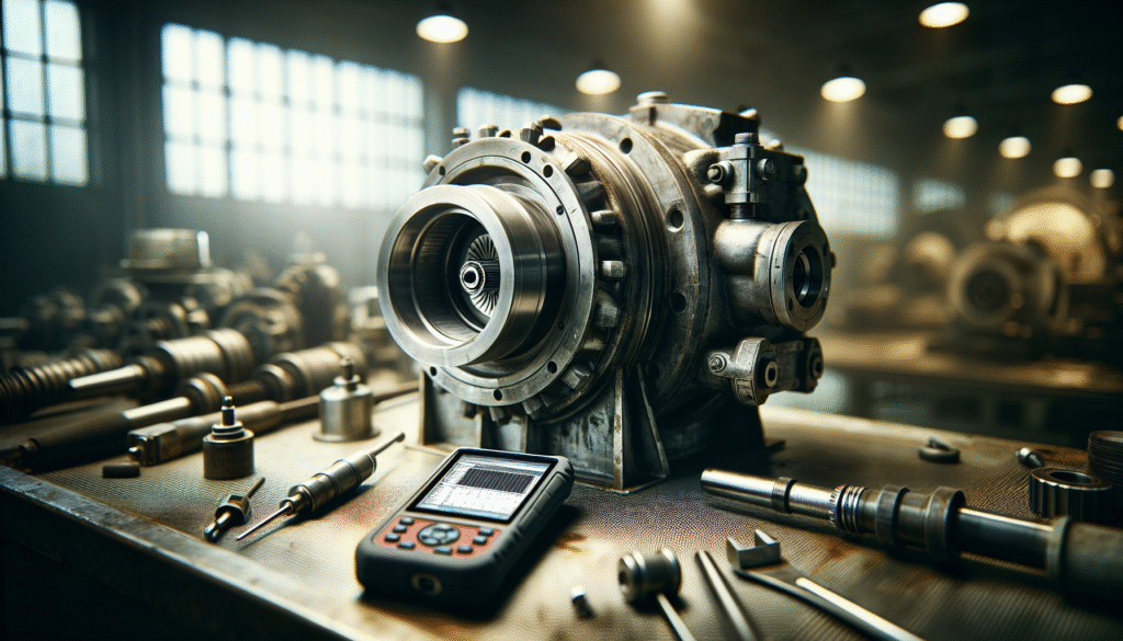 Sensor monitoring getaran terpasang pada komponen mesin berat, dengan perangkat data collector, penting untuk mencegah kerusakan dan downtime.