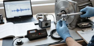 Instalasi vibration meter pada mesin industri untuk kalibrasi dengan perangkat genggam.