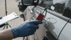 Pengukur ketebalan cat pada bodi mobil bekas selama inspeksi.