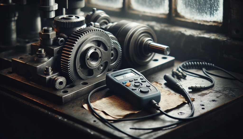 Industrial machine component with gears, handheld vibration meter, and manual, highlighting mechanical vibrations and analysis.