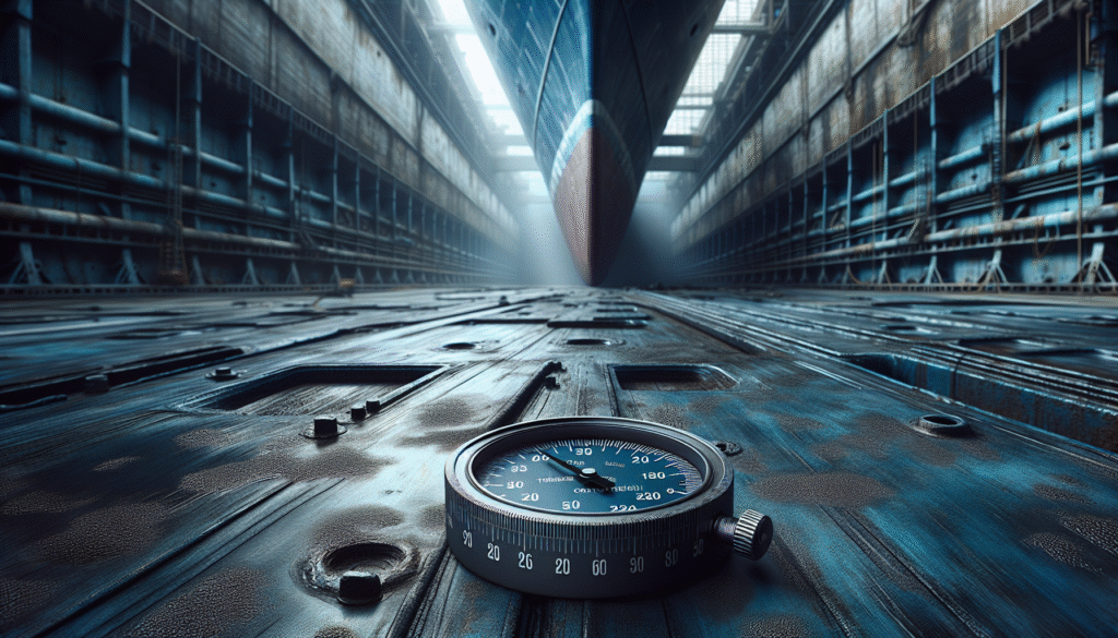 Coating thickness gauge mengukur cat lambung kapal yang usang, penting untuk inspeksi korosi.