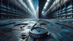 Coating thickness gauge mengukur cat lambung kapal yang usang, penting untuk inspeksi korosi.