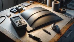 Alat ukur ketebalan plastik otomotif, ultrasonic gauge di samping panel plastik untuk QC.