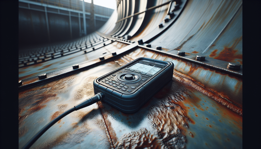 Alat uji ketebalan ultrasonik pada tangki penyimpanan industri sesuai standar API 653.