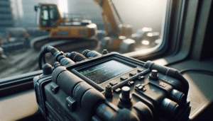 Alat monitor getaran konstruksi terpasang di mesin berat, fokus pada pencegahan downtime