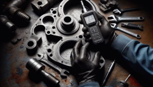 Tangan mekanik memegang alat analisis getaran pada mesin industri untuk pemeliharaan preventif.