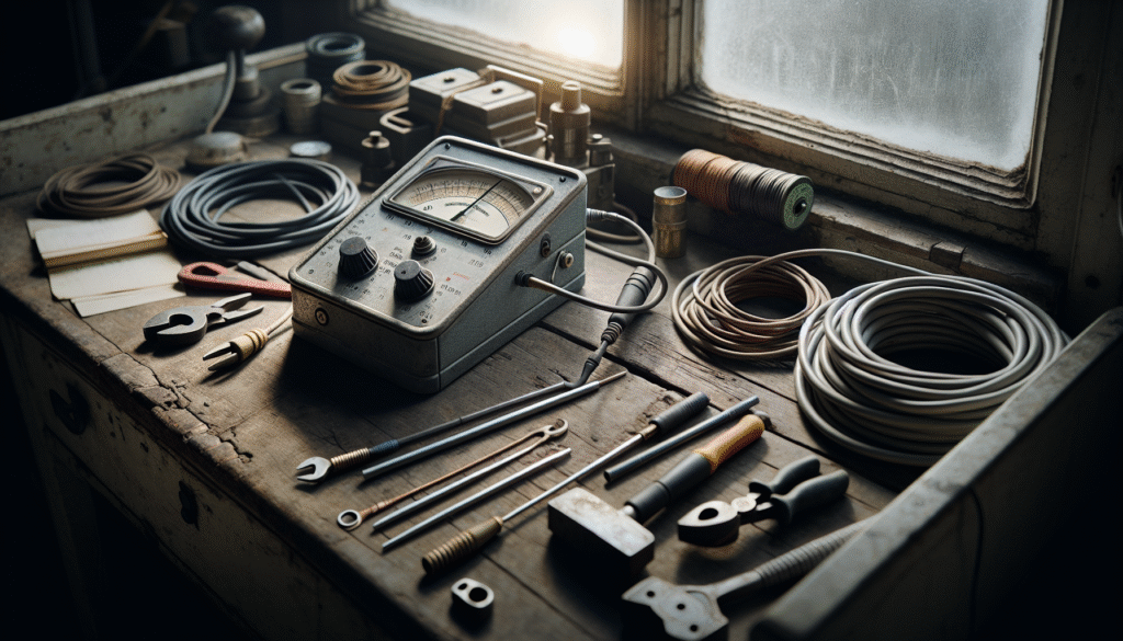 Hardness tester device in an electrician's workshop for quality control, showing wear and tear with electrical wires and tools.