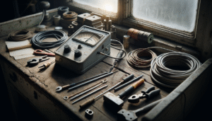 Hardness tester device in an electrician's workshop for quality control, showing wear and tear with electrical wires and tools.