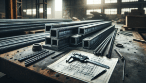 Kontrol kualitas baja konstruksi: I-beam, rebar, alat ukur digital, dan blueprint di bengkel fabrikasi.