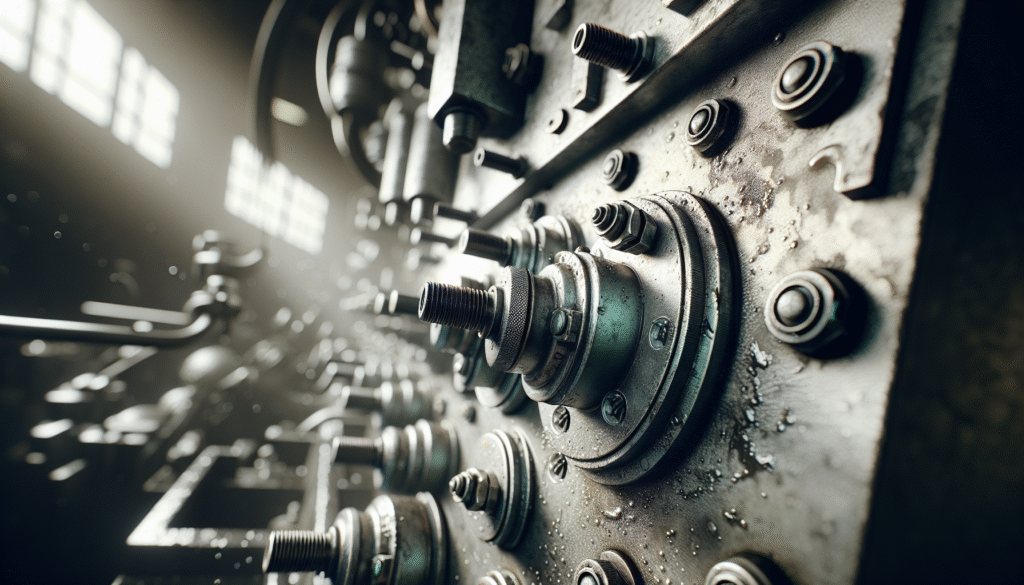 Sensor getaran industri terpasang pada komponen mesin besar berdebu, mengindikasikan monitoring getaran pabrik.