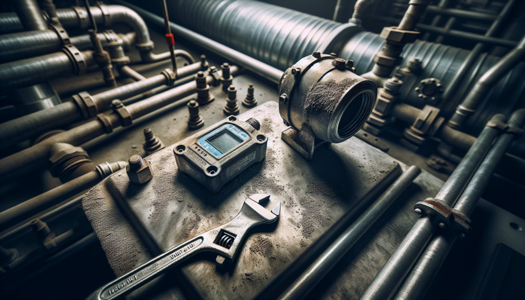 Sensor accelerometer pada unit HVAC dengan kunci inggris, panduan monitoring getaran mesin.