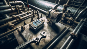 Sensor accelerometer pada unit HVAC dengan kunci inggris, panduan monitoring getaran mesin.