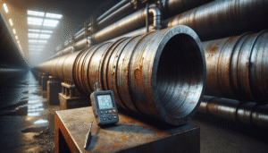 Ultrasonic thickness gauge inspecting a weathered oil and gas pipeline for asset integrity.