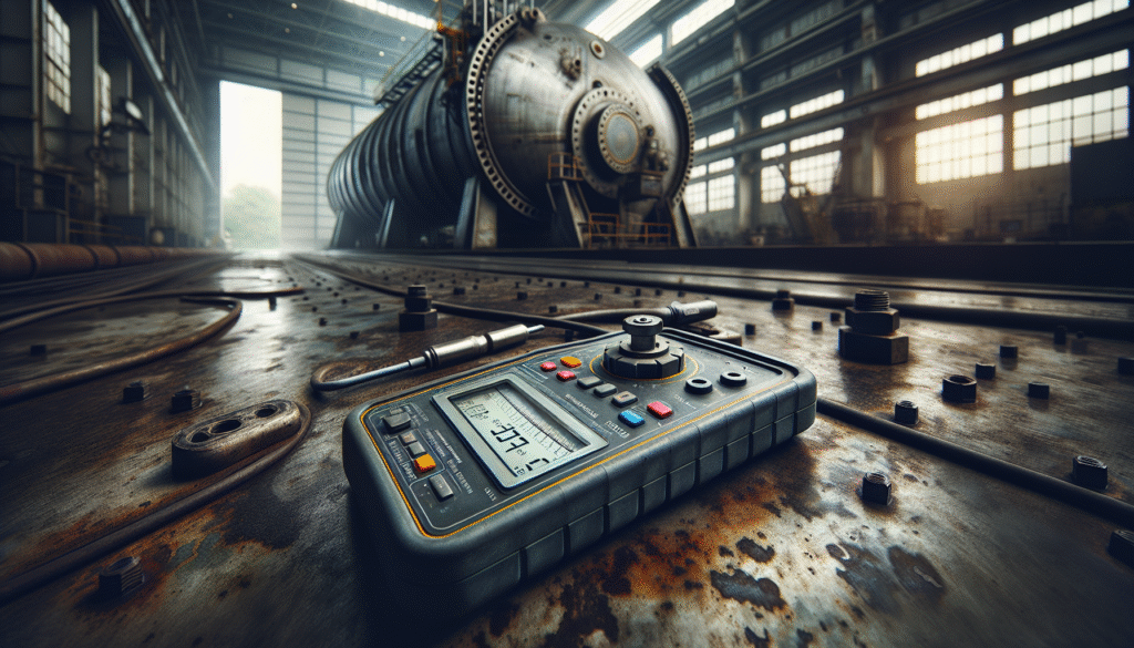 Professional vibration meter on an industrial storage tank for predictive maintenance monitoring.