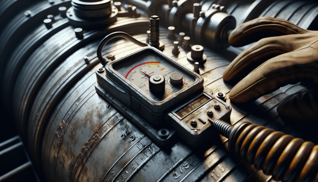 Technician using a vibration meter on a weathered storage tank for predictive maintenance monitoring.