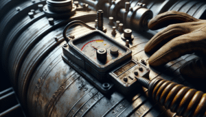 Technician using a vibration meter on a weathered storage tank for predictive maintenance monitoring.