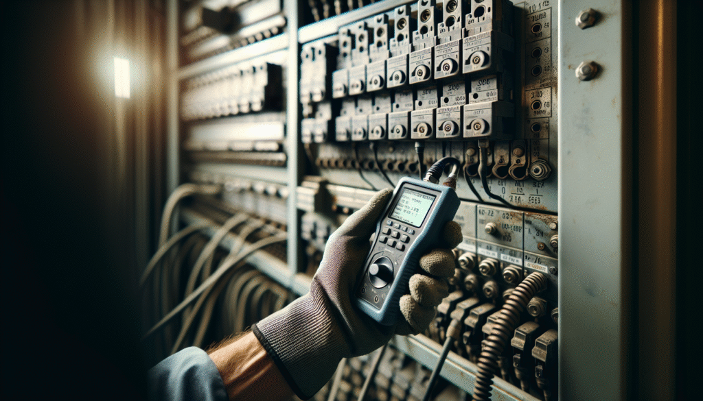 Teknisi melakukan analisa getaran pada panel listrik industri menggunakan alat ukur getaran di dekat terminal.