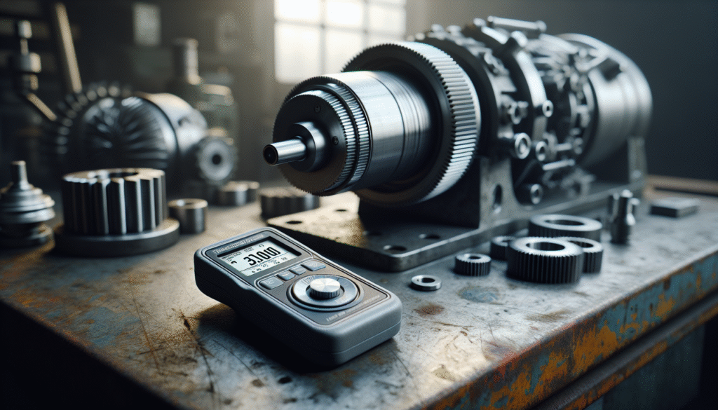 Alat inspeksi kekerasan portabel di workbench, menunjukkan teknik inspeksi komponen turbin.