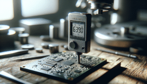 Thickness gauge mengukur ketebalan coating pada PCB untuk kontrol kualitas.
