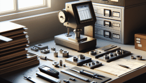 Laboratorium uji kekerasan material listrik: alat uji digital, sampel logam & plastik, kaliper, dokumen.